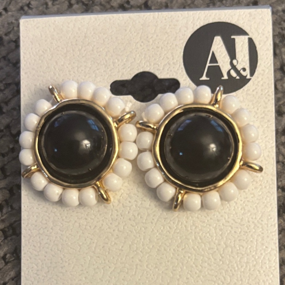 A&J Black and White Beaded Gold-Trim Button Earrings